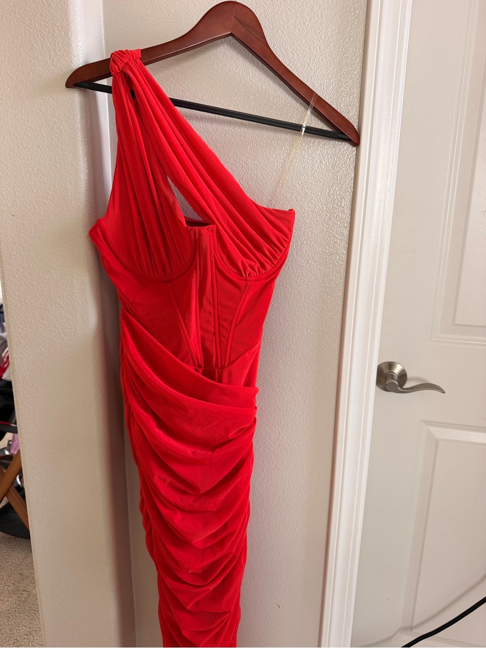 House of CB Vibrant Red One-Shoulder Ruched Gown